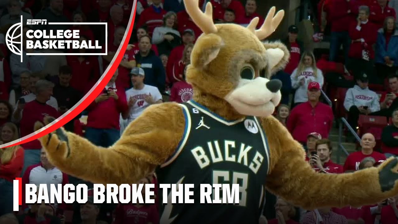Wisconsin game delayed after Bucks mascot Bango broke the rim 🤣 | ESPN College